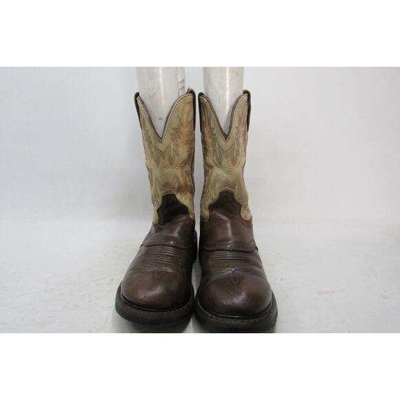 Justin Work Boot Mens Sz 11 D Two Tone Brown Leather Cowboy Stockman Work Boots - Picture 5 of 11